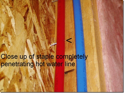Staple penetrates hot water line